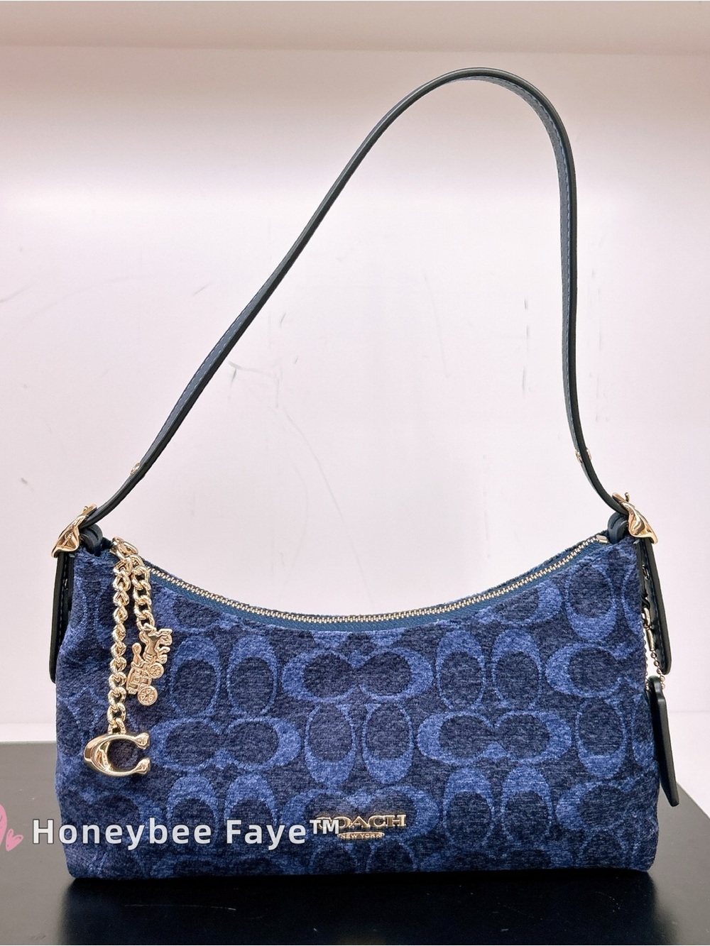 Coach Cfn74 Navy Signature Jacquard Shoulder Bag with Gold Charm